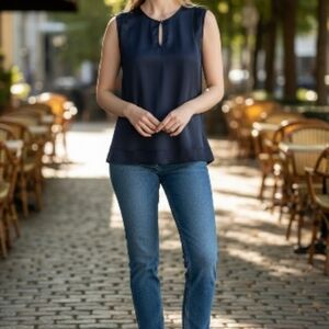 La Fee Verte Dark Navy Silk Sleeveless Tunic  Top Size Medium